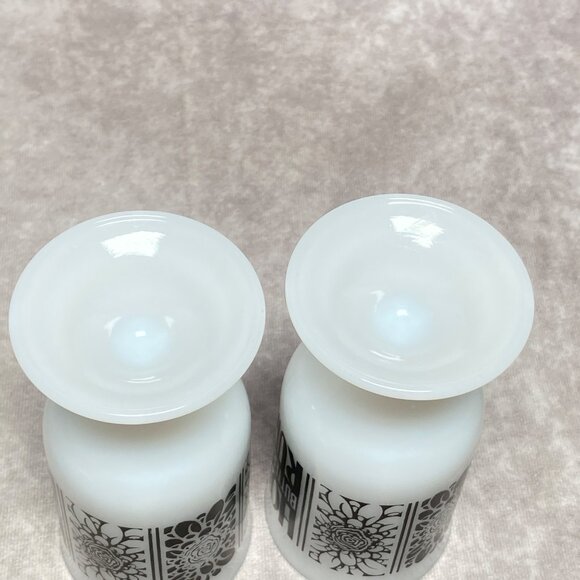 2 Vintage Milk Glass "Hot Buttered Rum" Pedestal Mugs With Black Floral Design - Picture 7 of 9